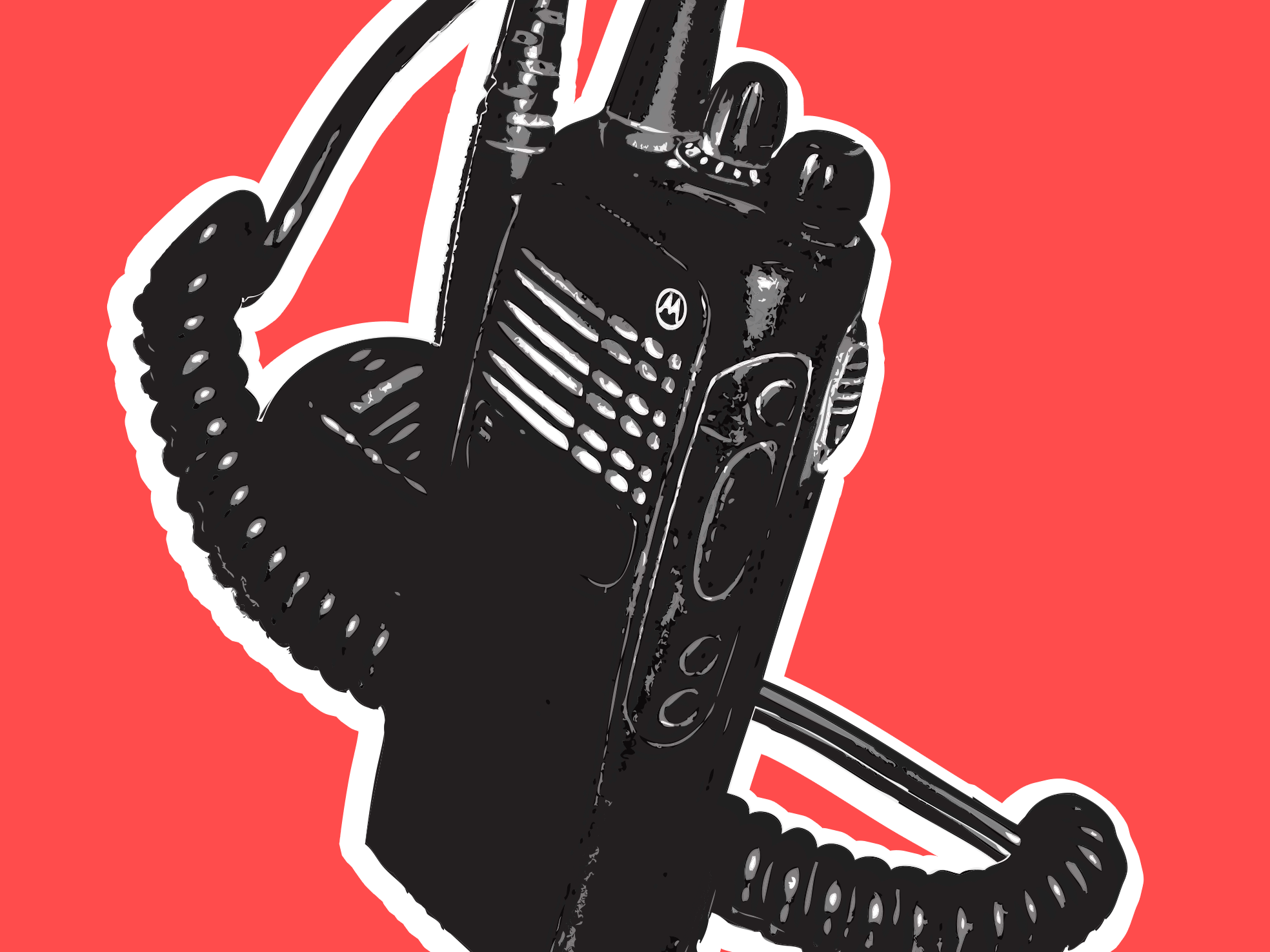 Illustration of a hand-held radio against red background