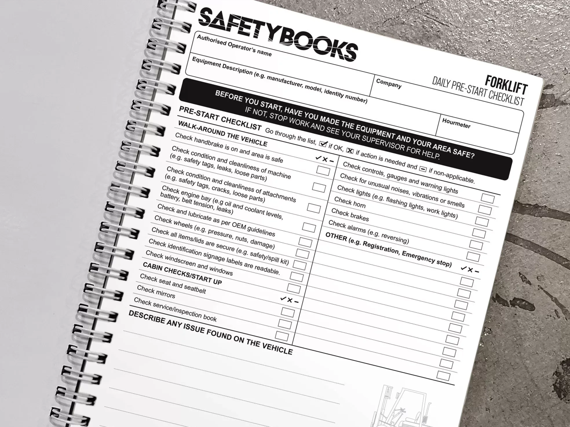 Equipment pre-start checklist books: No minimum orders.