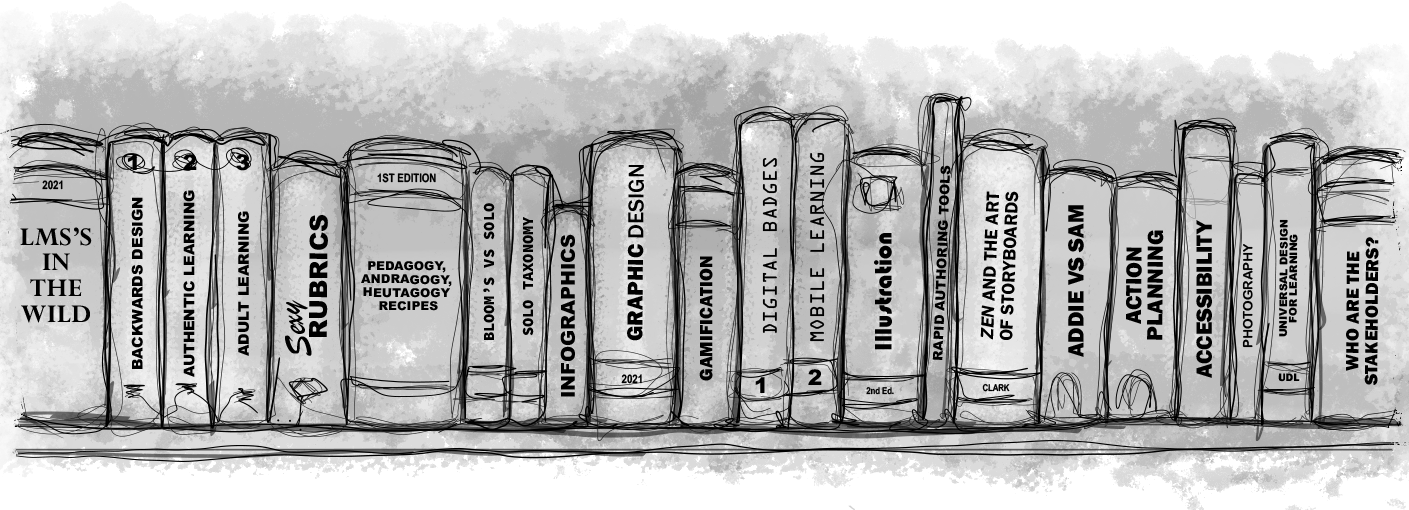 Illustration of a crowded bookshelf. The books are titled with various learning and design titles. Illustration by Michael Johns 