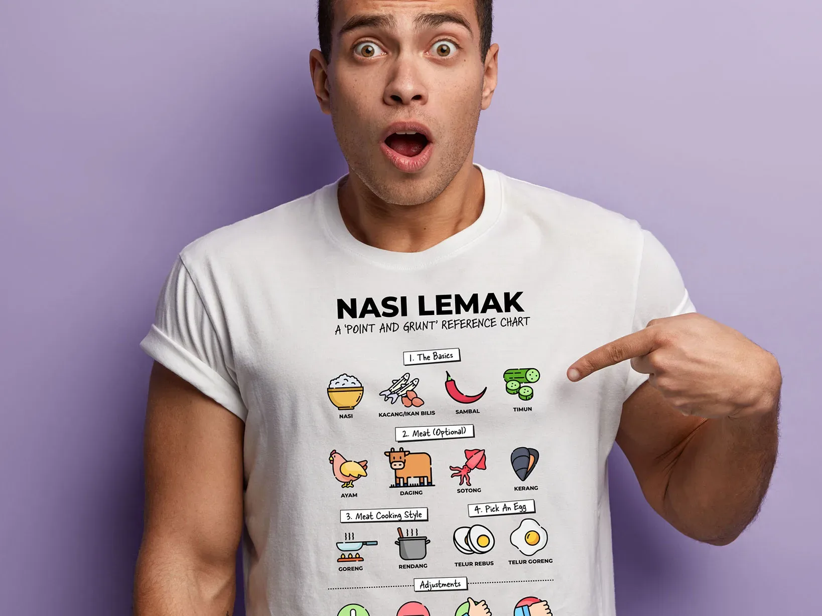 Man pointing at the icons on his nasi lemak ordering shirt.