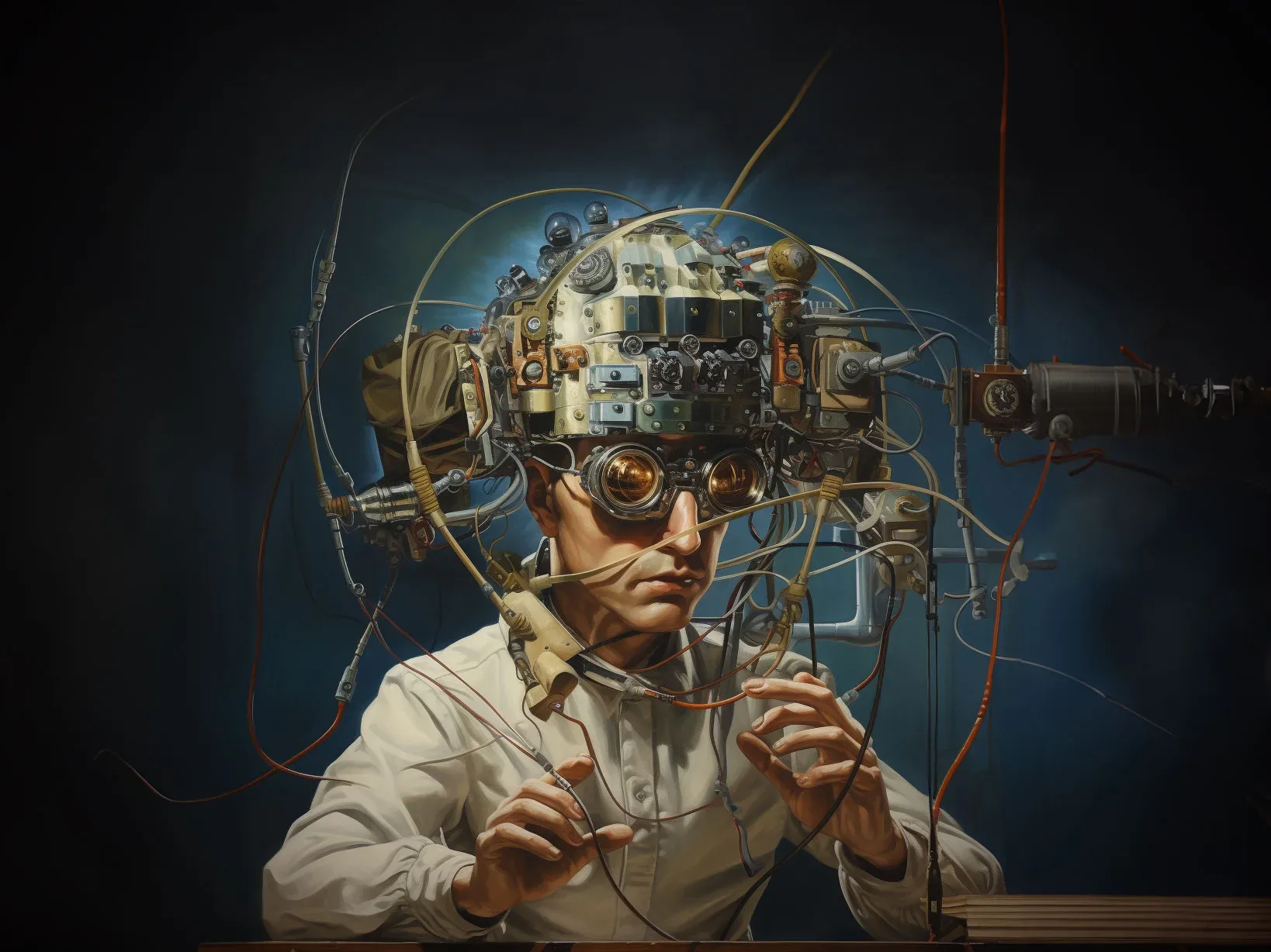 Artistic image of a man with a over-complicated apparatus on his head filled with wires and tubes.