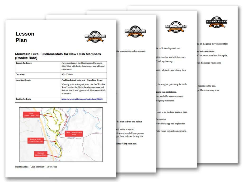 Screenshot of an example lesson plan for the Bushrangers Mountain Bike Club Rookie Ride lessons